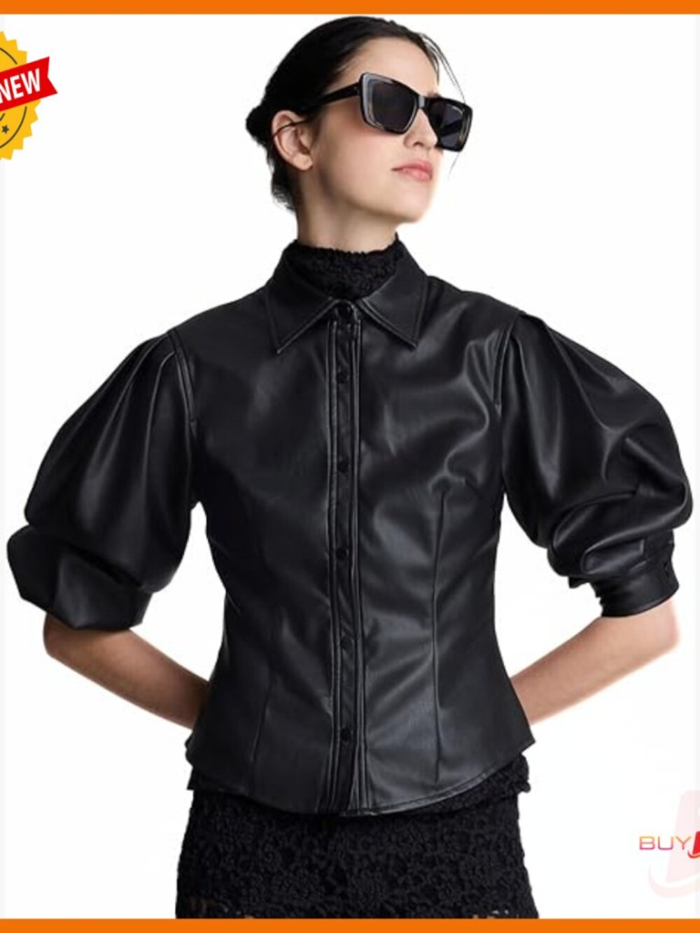 Long Sleeve Faux Leather Snap Front Shirt Regular Fit Button Down